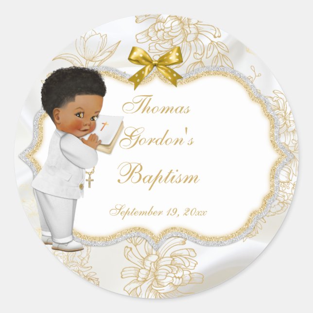 Boy Ethnic Baptism Communion Bible Cross Classic Round Sticker (Front)