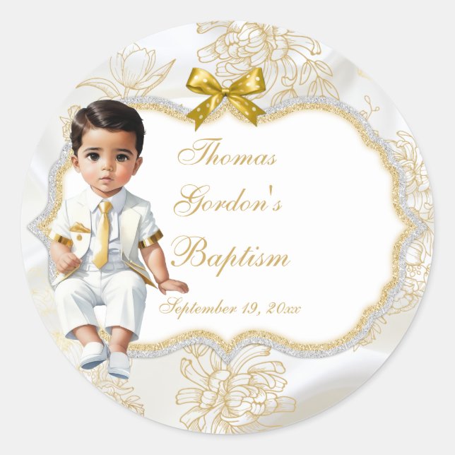 Boy Ethnic Baptism Communion White & Gold Classic Round Sticker (Front)