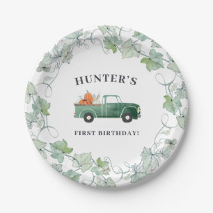 Boy Fall Birthday Green Truck and Pumpkins Party Paper Plate