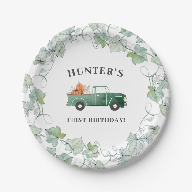 Boy Fall Birthday Green Truck and Pumpkins Party Paper Plate (Front)
