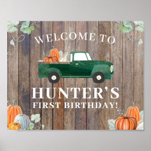 Boy Fall Birthday Green Truck and Pumpkins Welcome Poster