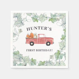 Boy Fall Birthday Red Truck and Pumpkins Napkin