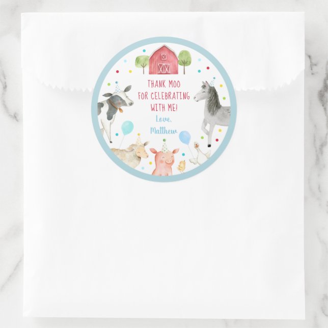 Boy Farm Animal Barnyard Birthday Classic Round Sticker (Bag)