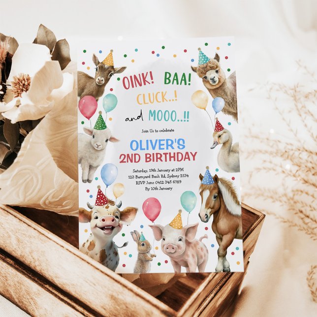 Boy Farm Animals Barnyard Balloon Birthday Party  Invitation (Creator Uploaded)