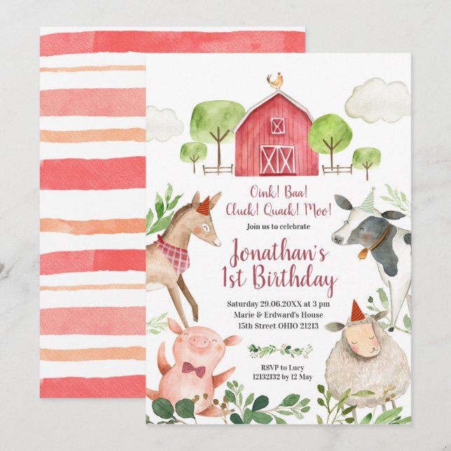 Boy Farm Animals Barnyard Birthday Invitation (Front/Back)