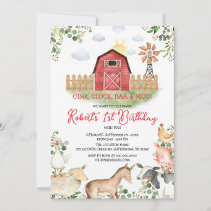 Boy Farm Animals Barnyard Red Gingham Birthday Invitation