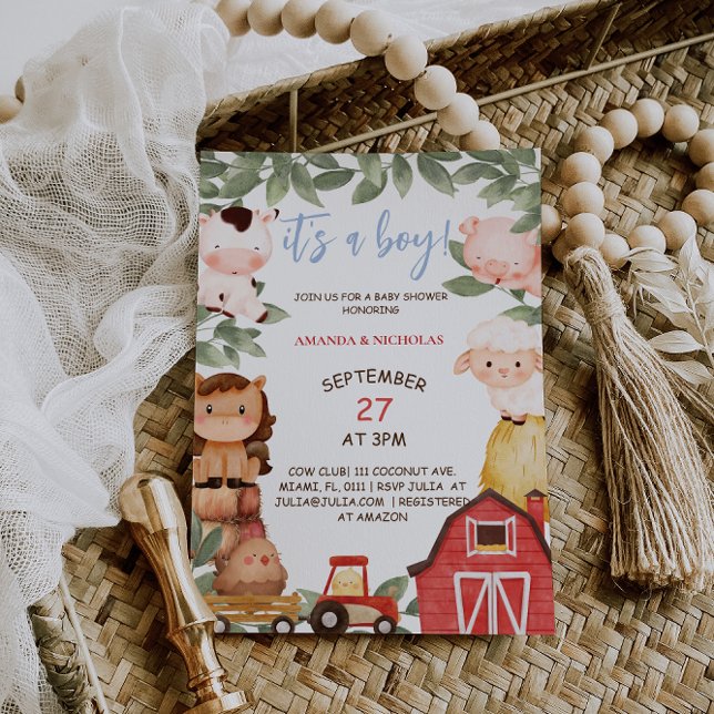 Boy Farm Animals Boho Cute Baby Shower  Invitation (Creator Uploaded)