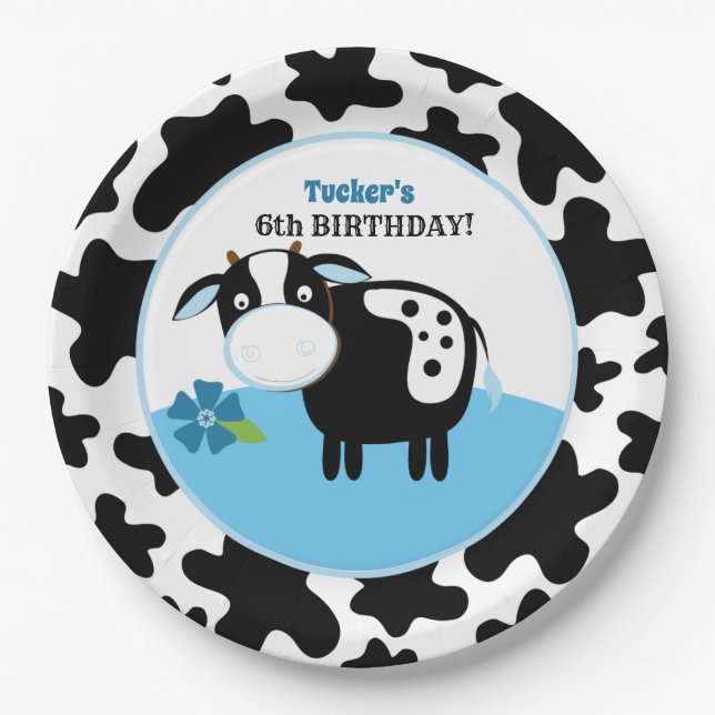 Boy Farm Cow Birthday Paper Plates / Any Age (Front)