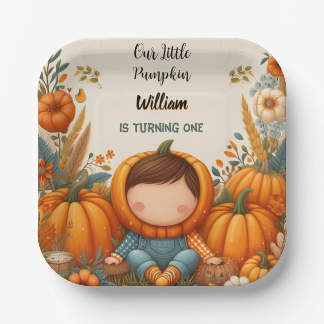 Boy Farm Kids Our Little Pumpkin Is Turning One Paper Plate (Front)