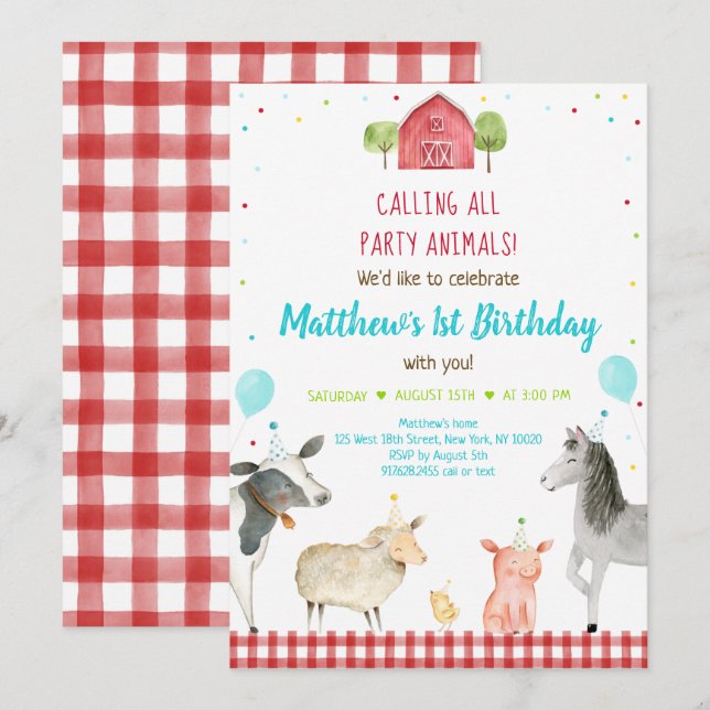 Boy Farm Party Animal Birthday Invitation (Front/Back)