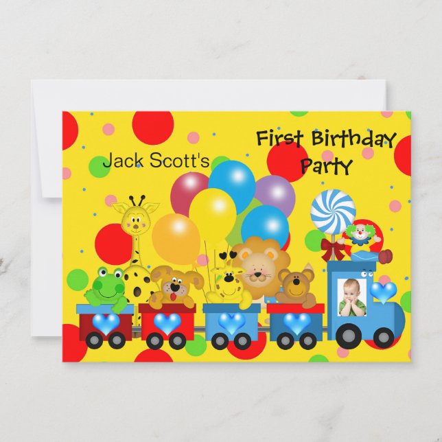 Boy First Birthday 1st Train Photo Zoo Animals Invitation (Front)