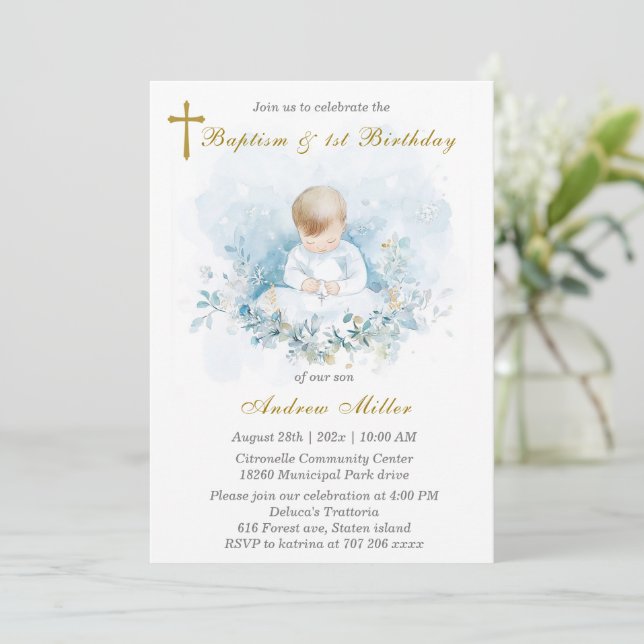  Boy First Birthday and Baptism Invitation (Standing Front)