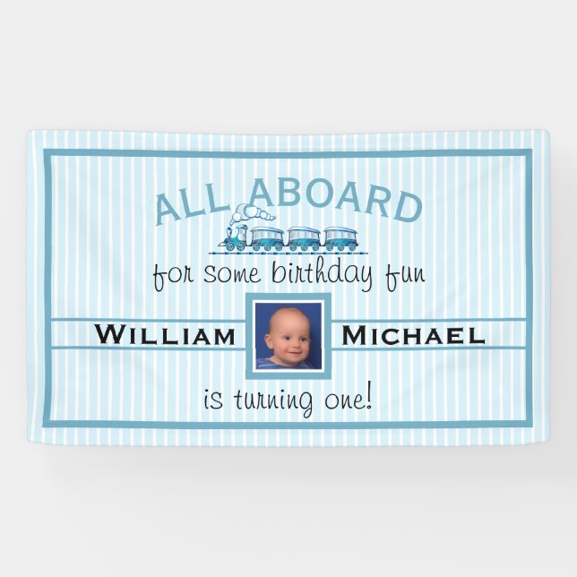 Boy First Birthday Blue Trains Banner (Horizontal)