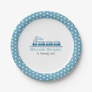 Boy First Birthday Blue Trains Paper Plate