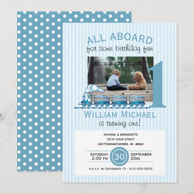 Boy First Birthday Blue Trains Photo Invitation (Front/Back)