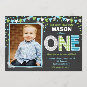 Boy First Birthday Chalkboard Invitation