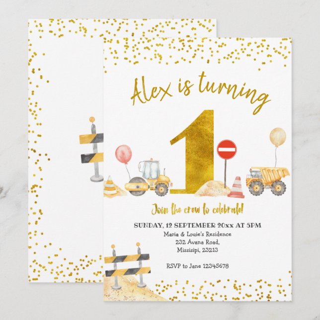 Boy First Birthday Construction Birthday Invitation (Front/Back)