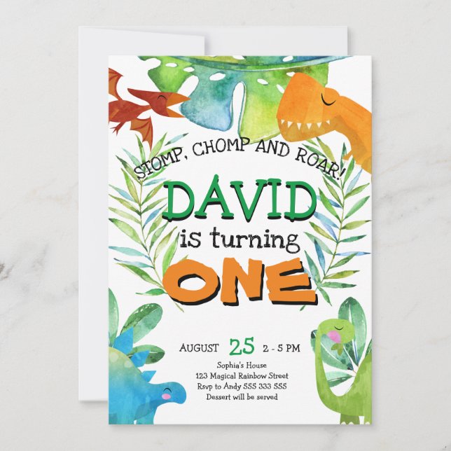 Boy First Birthday Dinosaur 1st Birthday Party Invitation (Front)