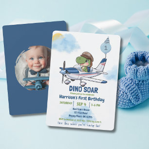 Boy First Birthday Dinosaur flies Aeroplane funny Invitation
