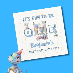Boy First Birthday Fun One Dinosaur Napkin