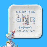 Boy First Birthday Fun One Dinosaur  Paper Plate<br><div class="desc">Celebrate your "Benjamin's" turning one with this fun dinosaur themed custom birthday paper plate. It is fun to be turning one and to share the occasion with family and friends. Any design questions just send a chat or an email to charmdesignstudio@rcn.com and we'll be delighted to assist.</div>