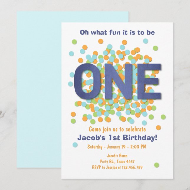 Boy First Birthday Invitation Confetti ONE blue (Front/Back)