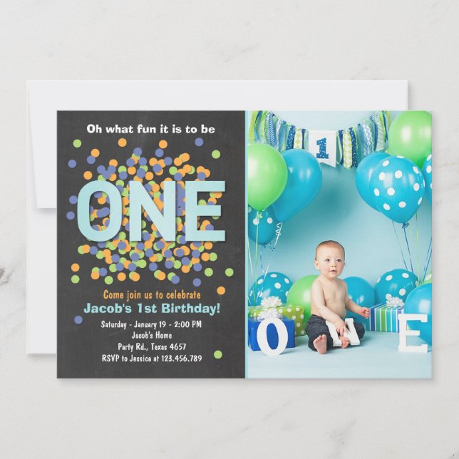 Boy First Birthday Invitation Confetti ONE blue (Front)