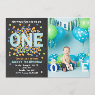 Boy First Birthday Invitation Confetti ONE blue