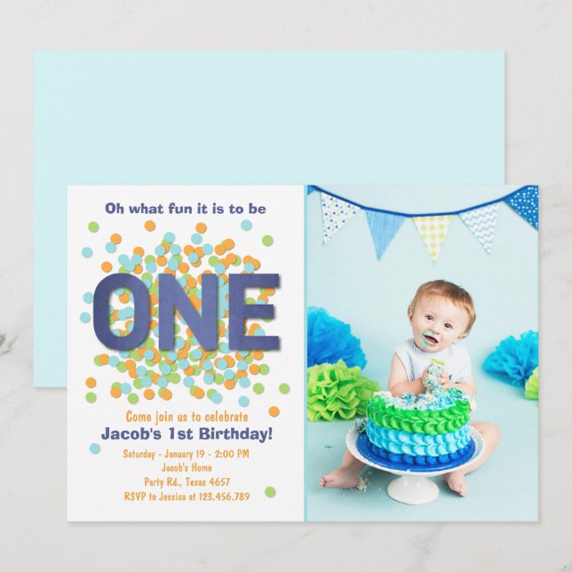 Boy First Birthday Invitation Confetti ONE blue (Front/Back)