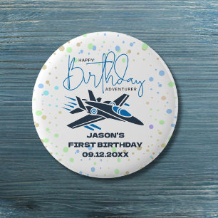 Boy First Birthday Jet Fighter Aeroplane Blue Whit 3 Cm Round Badge