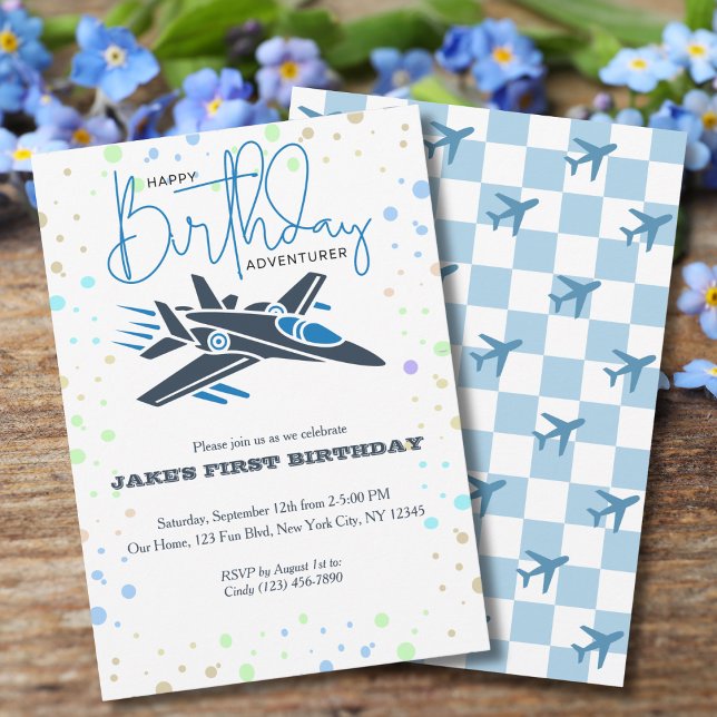 Boy First Birthday Jet Fighter Aeroplane Blue Whit Invitation (Creator Uploaded)
