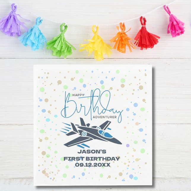Boy First Birthday Jet Fighter Aeroplane Blue Whit Napkin (Creator Uploaded)