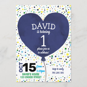 Boy First Birthday Navy Heart Balloon Confetti Invitation
