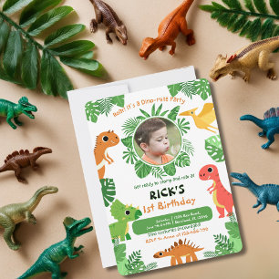 Boy First Birthday Photo Dinosaur Cute Colorful Invitation