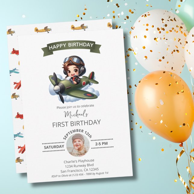 Boy First Birthday Pilot Vintage Aeroplane Clouds Invitation (Creator Uploaded)