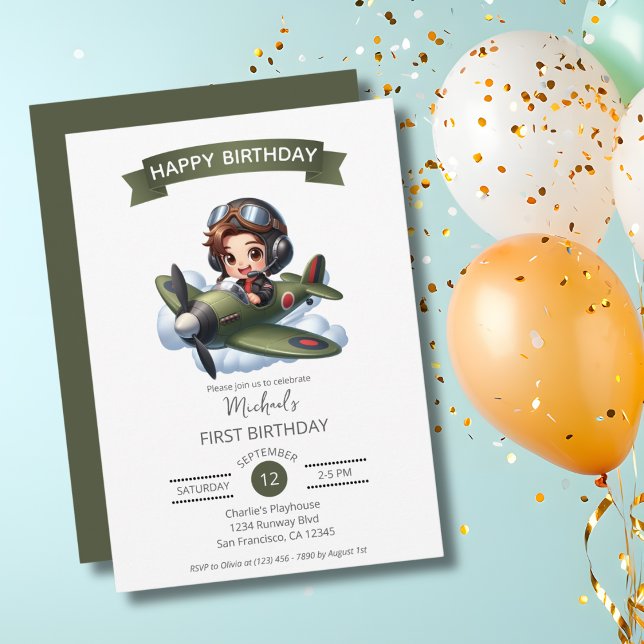 Boy First Birthday Pilot Vintage Aeroplane Clouds Invitation (Creator Uploaded)