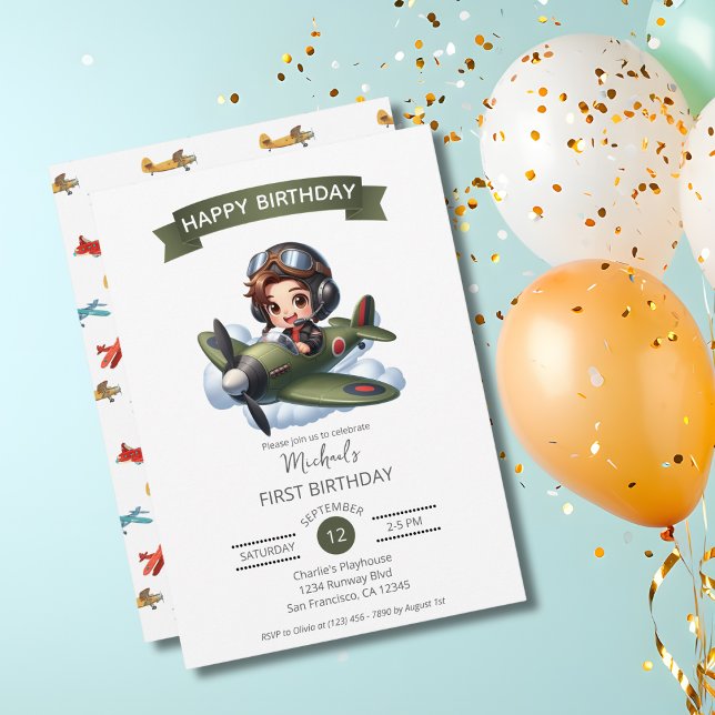 Boy First Birthday Pilot Vintage Aeroplane Clouds Invitation (Creator Uploaded)