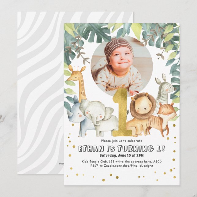 Boy First Birthday Safari Jungle animals photo Invitation (Front/Back)