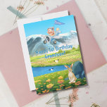 Boy First Birthday Teddy Bear Aeroplane Grandson  Holiday Card<br><div class="desc">Celebrate a little boy’s big milestone with this adorable first birthday card featuring a brave teddy bear pilot soaring above mountains and a dreamy landscape of flowers, a sparkling lake, and a curious bunny below. With soft colours and storybook charm, this card captures the magic of turning ONE. The inside...</div>