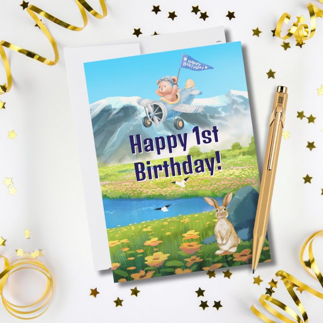 Boy First Birthday Teddy Bear Aeroplane Mountains Holiday Card (Creator Uploaded)