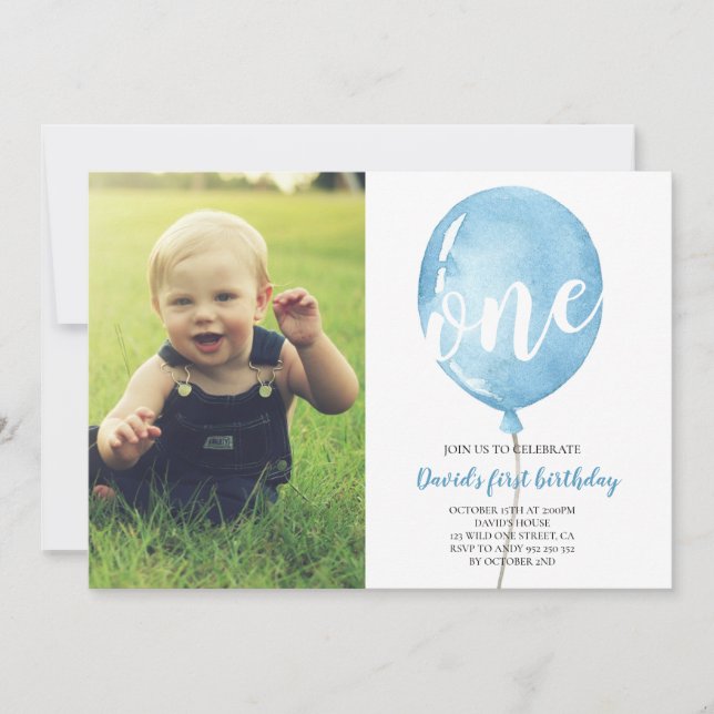 Boy First Birthday with Photo Blue Balloon Invitation (Front)