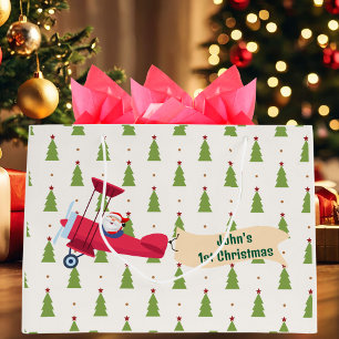 Boy First Christmas Aeroplane & Santa Custom Large Gift Bag