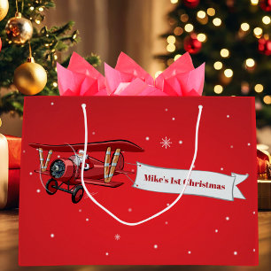 Boy First Christmas Aeroplane & Santa Custom Large Gift Bag