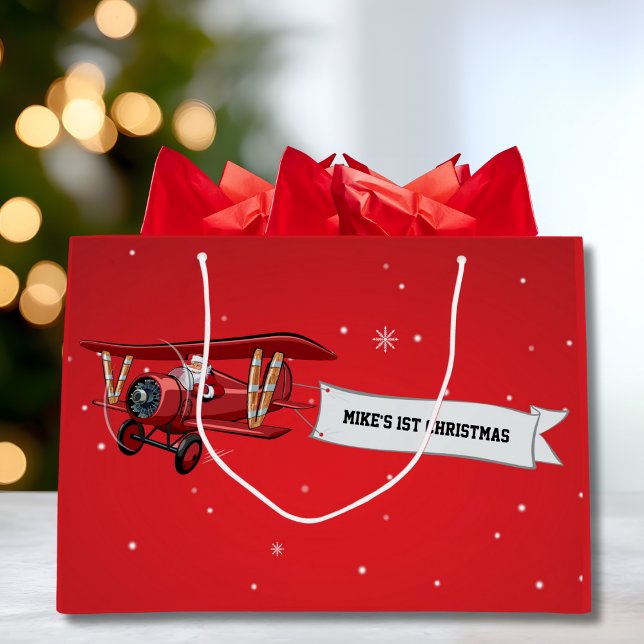 Boy First Christmas Aeroplane & Santa Custom Large Gift Bag (Creator Uploaded)