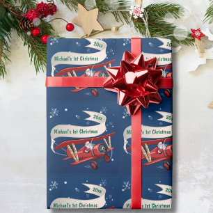Boy First Christmas Aeroplane Santa Flying Custom Wrapping Paper
