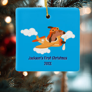 Boy First Christmas Dog Pilot Aeroplane Cloud Funn Ceramic Ornament