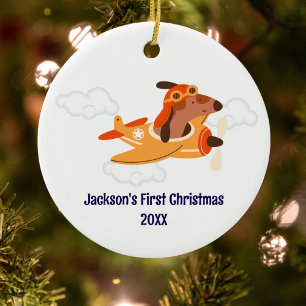 Boy First Christmas Dog Pilot Airplane Cloud Funny Ceramic Tree Decoration