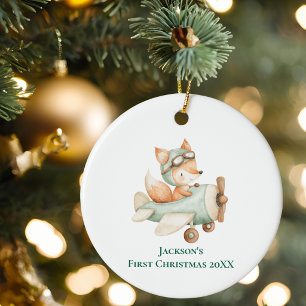 Boy First Christmas Fox Pilot Aeroplane Aviation Ceramic Tree Decoration