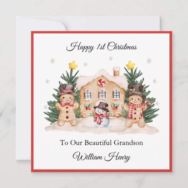Boy First Christmas Gingerbread Snowman Card (Front)