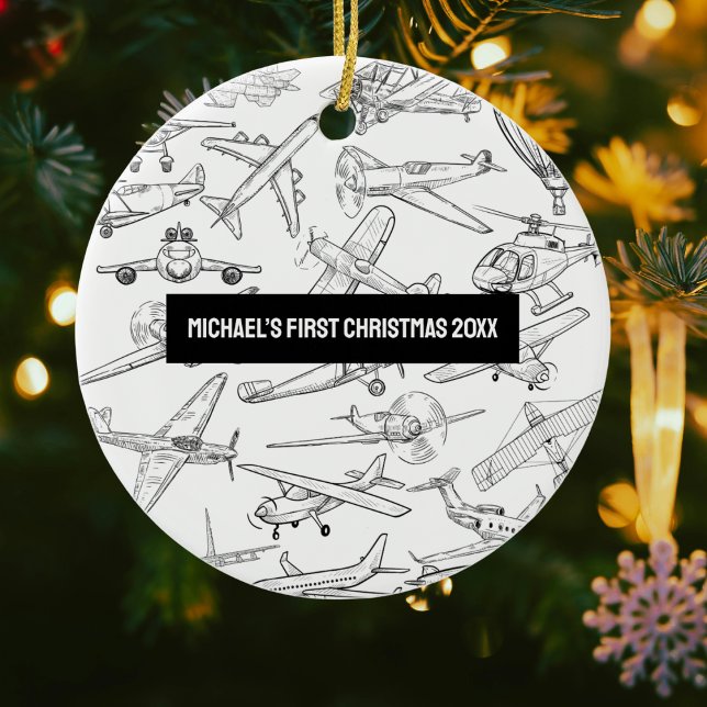 Boy First Christmas Hand Drawn Aeroplanes Aviation Ceramic Tree Decoration (Creator Uploaded)